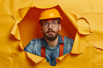 Shocked construction worker looking through torn yellow paper hole