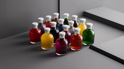 Row of glass bottles with multicolored liquid and white labels isolated on grey