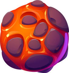 Poster - Cartoon fantasy galaxy alien space planet. Vector fiery orange sphere with rounded bumps float in star-filled night sky. Extraterrestrial world with glowing, molten-like texture, futuristic game asset