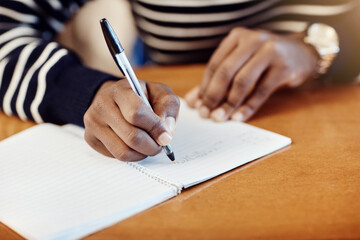 Poster - Student, exam and hands in class for education notebook, knowledge or test preparation in college. University, guy and writing with book for help, project notes and reading academy quiz report
