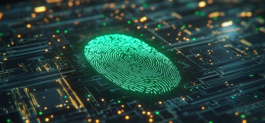 Wall Mural - A fingerprint scanner is used for identification. Concept for biometric authorization and business security. Fingerprints are scanned on a digital screen for cyber security.