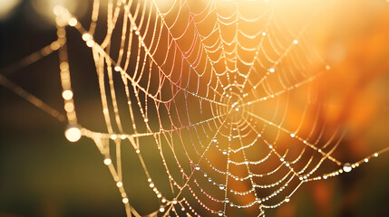 Backlit droplets on a spiderweb