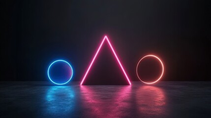 Wall Mural - A dark scene featuring glowing geometric shapes a triangle and two circles in neon colors.