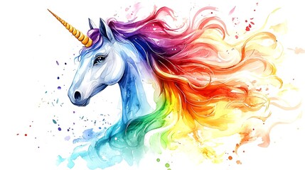  A watercolor unicorn head with a rainbow mane, brought to life with playful splashes.