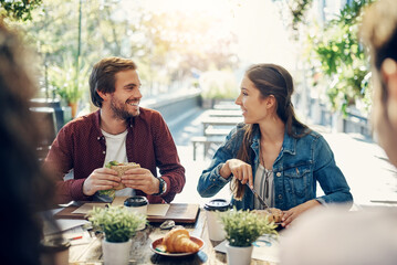 Poster - Group of people, together and food at team building, meeting and table for gathering at cafe. Colleagues, celebration and break for lunch as staff, worker or employee at event in restaurant or bistro