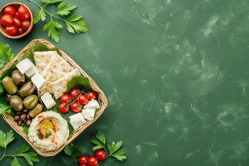 Poster - A picnic basket with hummus dip naan fruit and bread