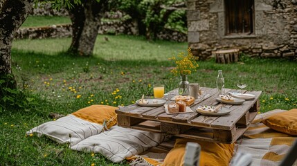 Poster - A wooden pallet picnic table set up on the lawn