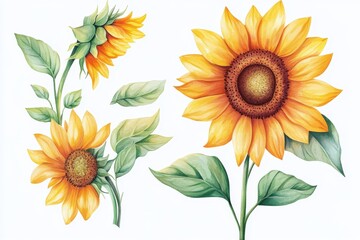 Canvas Print - The abstract hand-drawn sunflower on white background is surrounded by watercolor foliage and flowers.