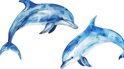 Sticker - Watercolor blue dolphins swimming