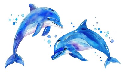 Wall Mural - Watercolor blue dolphins swimming