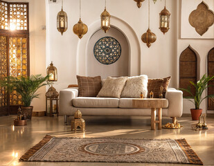 decorative ramadan lamp hanging with sofa in the cozy living room. interior decor in the house. rama