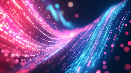 Vibrant abstract background with pink and blue neon waves and bokeh lights for modern design