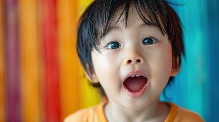 Poster - A young child expresses joy with wide eyes and an open mouth, standing against a vibrant striped backdrop that adds cheerfulness. Generative AI