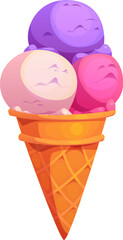 Wall Mural - Cartoon fast food ice cream c with three colorful scoops in pink, purple and white. Isolated vector waffle cup holds frozen creamy balls. Delicious cold treat for hot summer days and sweet cravings