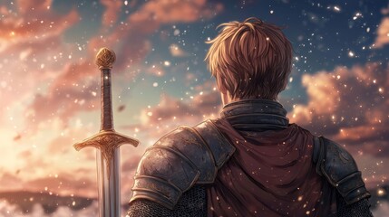 A heroic figure stands against a stunning sunset, sword in hand, embodying strength and determination in a fantasy landscape.