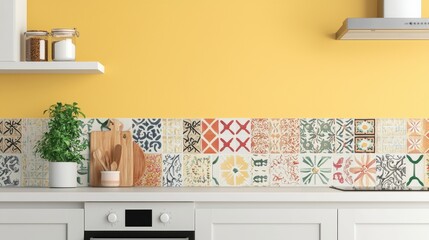 A bright, colorful kitchen with a tile backsplash made of bold, patterned tiles in a mix of vibrant colors