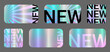 © Iulia - Set of color neon sticker template, holographic effect label in retro Y2k style. Square, rectangular Shiny Smooth Mirror Rainbow Emblem New. Isolated on grey background EPS10 Vector Illustration.