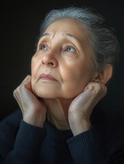 Aufkleber - An elderly woman with gray hair and a gentle expression rests her chin on her hands, staring intently into the distance, lost in thought. Generative AI