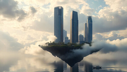 A floating island city with tall skyscrapers surrounded by clouds and reflected in the water below, aerial view from airplane ai generated