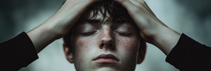 Poster - The individual appears overwhelmed, eyes closed and hands pressing against the head in a moment of distress and anxiety indoors. Generative AI