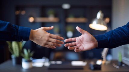 Two hands reaching out to connect, symbolizing collaboration, partnership, and agreement in a professional setting.