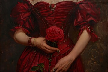 Poster - Woman in a red dress with red rose painting art adult.