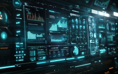 Poster - Futuristic Digital Interface with Blue and Green HUD Elements for Technology and Sci-Fi Design