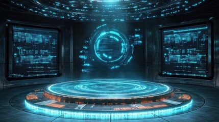 Poster - Futuristic Cyberpunk Room with Glowing Circular Platform and Digital Screens.