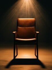 A tan leather chair is sitting in a room with a light shining on it