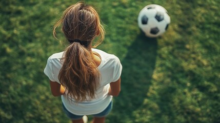 Cute girl on the background of a football field, hobby, sports, kids soccer