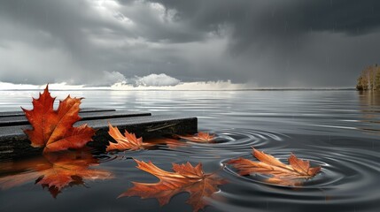 Poster - red maple leaves fall on the bench 