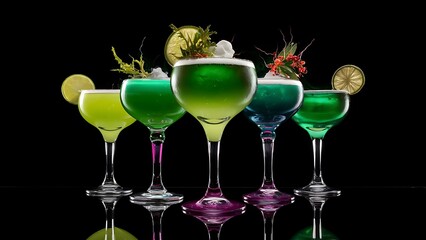 Colourful green cocktails isolated against black