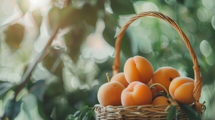 Sticker - A wicker basket brimming with ripe apricots hangs amidst lush, green foliage, illuminated by warm, natural sunlight.