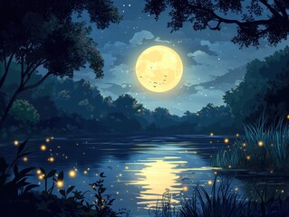 Wall Mural - Enchanting Nighttime Landscape with Full Moon, Stars, and Fireflies Over a Still Lake