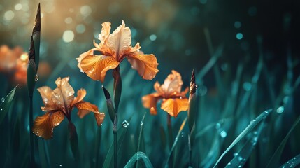 Canvas Print - Dew-Covered Orange Irises in a Verdant Meadow