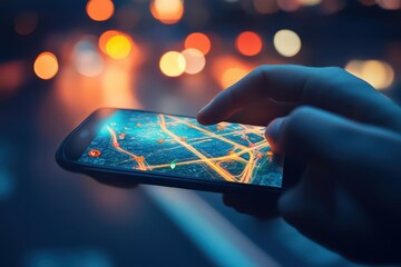 Poster - A hand holds a smartphone displaying a vibrant map with bright city lights in the background, perfect for navigation themes.