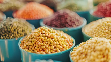 Canvas Print - Vibrant bowls of assorted legumes and grains are artistically displayed, capturing the rich diversity and texture of fresh produce at a bustling market.