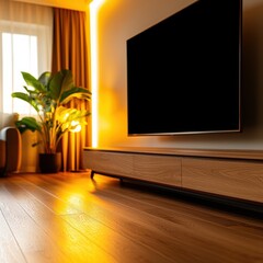 Modern living room with wooden furniture, a cozy atmosphere, and warm lighting enhancing the elegant design.