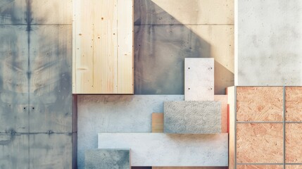 Wall Mural - An abstract composition of various wooden and concrete blocks arranged artistically against a textured wall, playing with light and shadow.