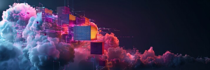 Wall Mural - Abstract digital landscape with colorful clouds and geometric shapes in vibrant hues against a dark background