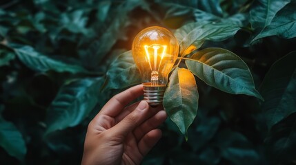 Hand holding a light bulb on a green leaf, symbolizing renewable energy and sustainability in nature