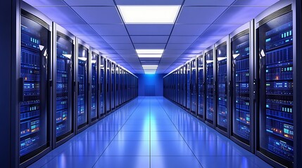 Poster - Server Room with Rows of Data Servers and Blue Lighting