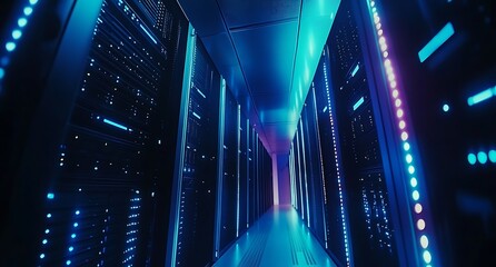 Poster - Server Racks in a Modern Data Center with Blue and Pink Lights