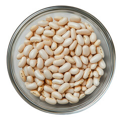 Fresh white beans in a glass bowl, transparent background, png image, top view