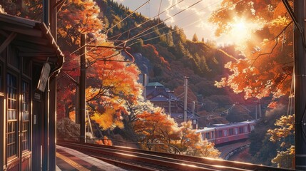 Sticker - Autumn, train tracks in the woods, beautiful autumn leaves