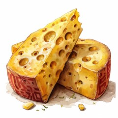 A watercolor illustration depicting two slices of Swiss cheese, one resting atop the other. Both slices have a light yellow color and are full of holes, characteristic of Swiss cheese