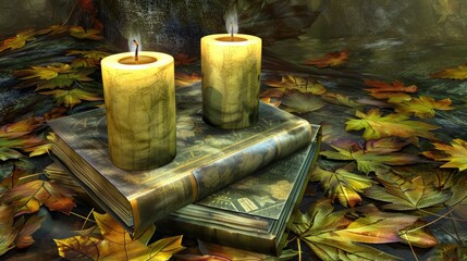 Wall Mural - candles, an old book, and autumn leaves