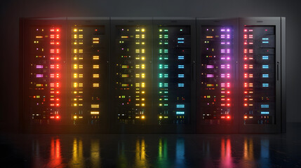 Wall Mural - Row of network servers with glowing LED lights