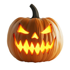 3D Halloween pumpkin with glowing face on transparent background. Halloween jack o lantern