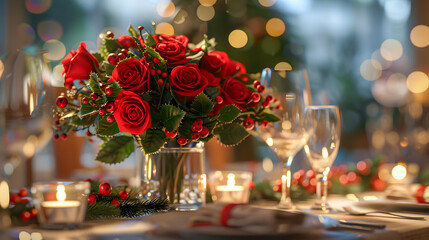 table set for a party, christmas table, christmas decoration, christmas table setting rose	